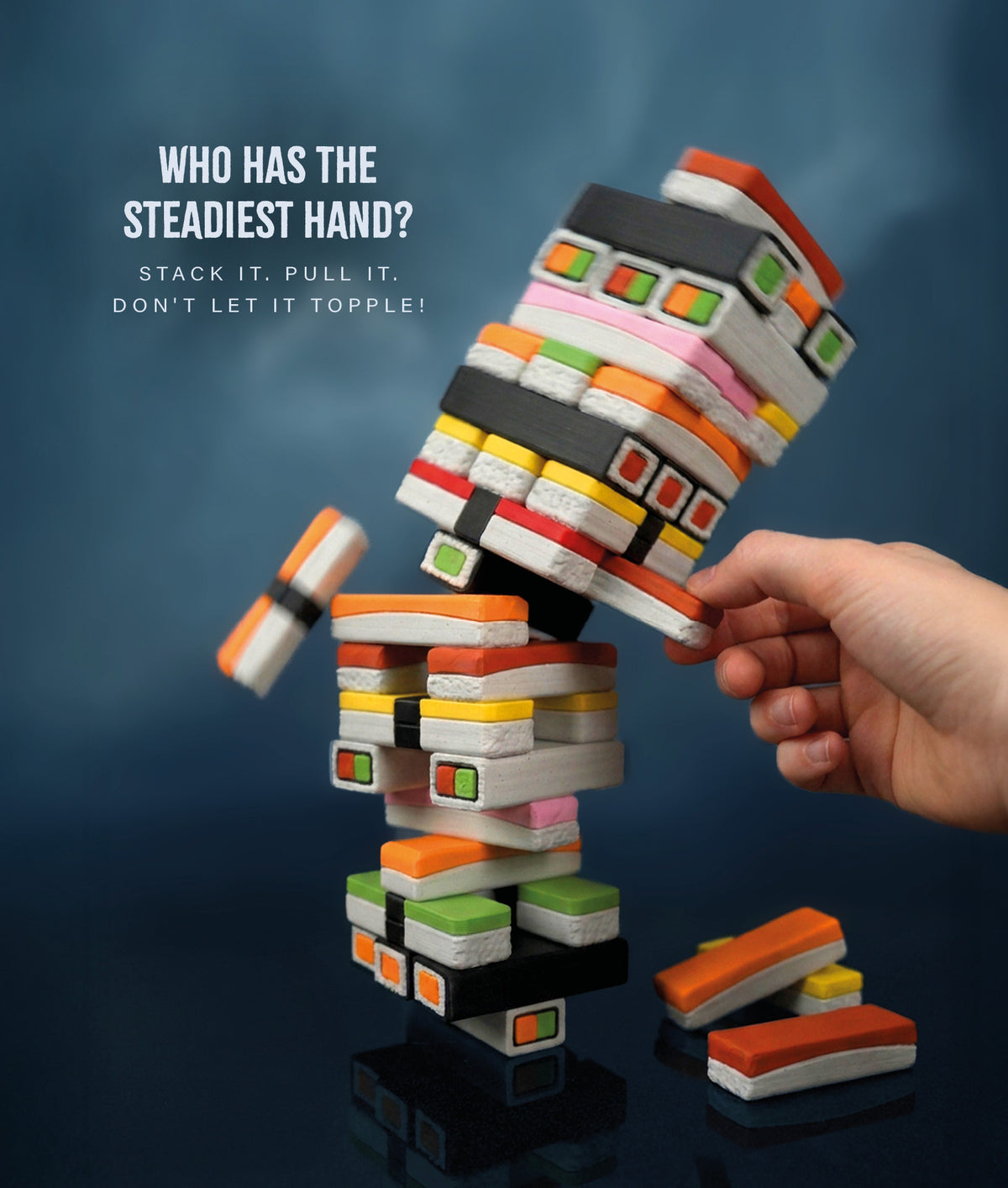 Sushi Stack Tumble Tower Game — tower toppling mid-game