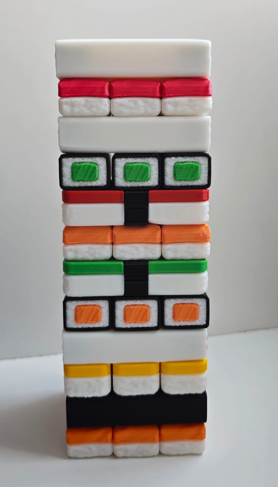 Sushi Stack Tumble Tower Game — printed tower, front view