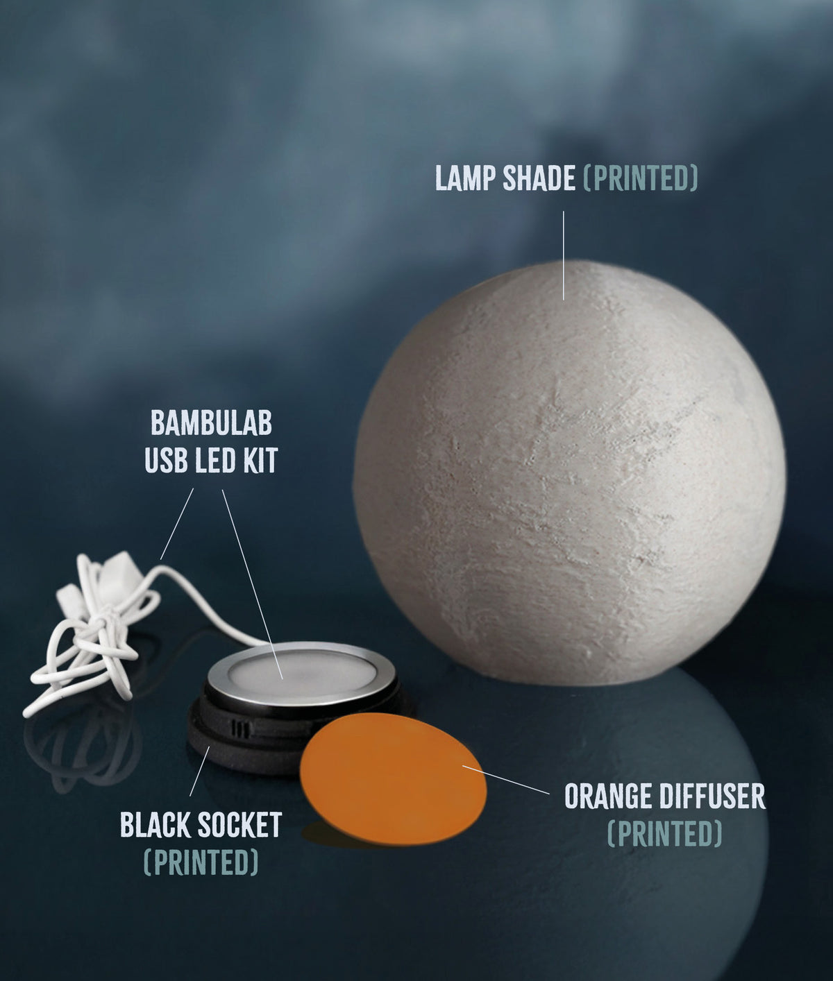 Venus Planet Lamp — parts: printed globe, black base and orange diffuser with LED kit