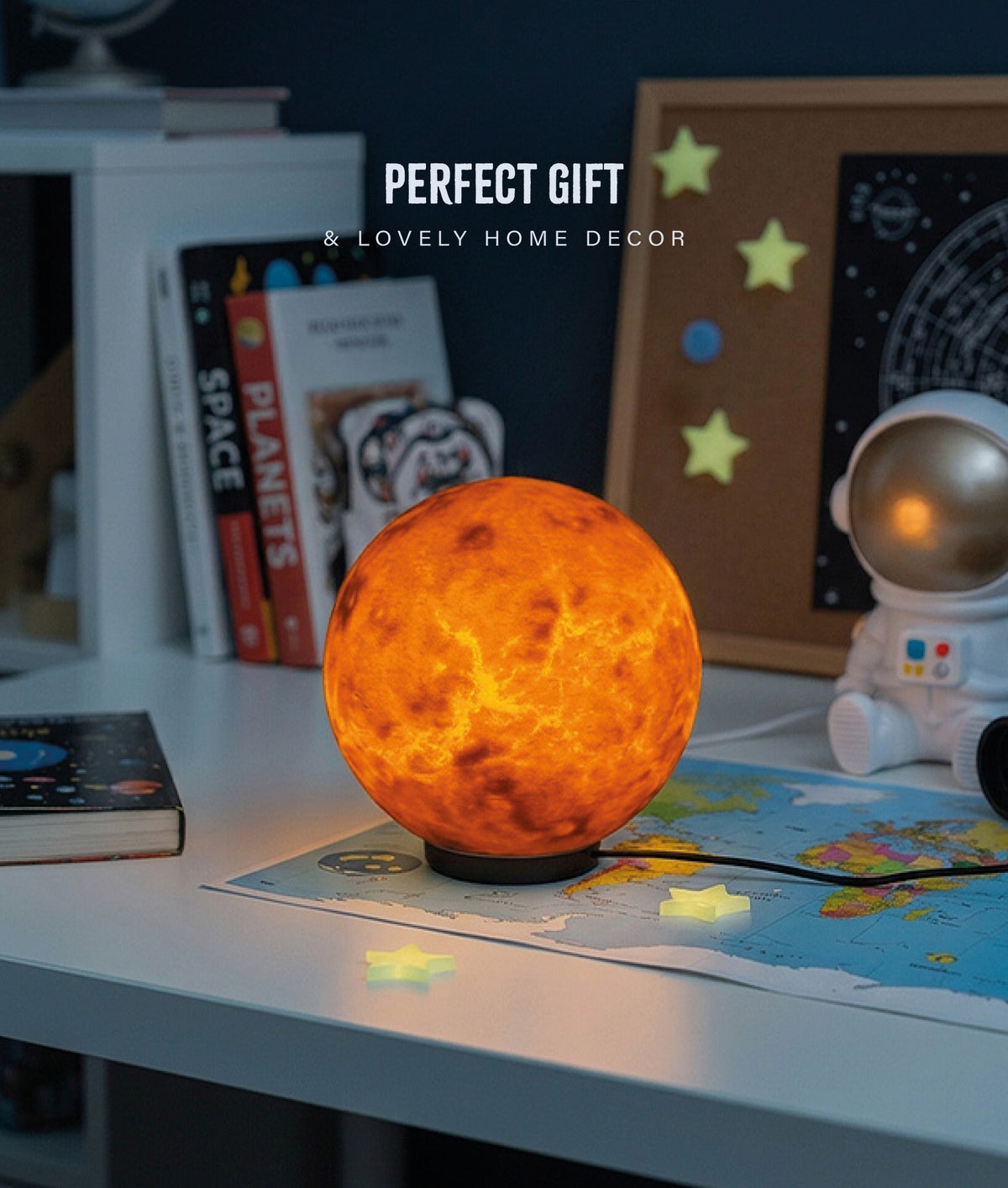 Venus Planet Lamp — lit on a kids' desk with space books