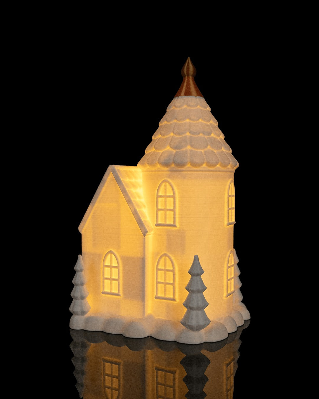 Village Lights Table Lamp — Tower House glowing, side view