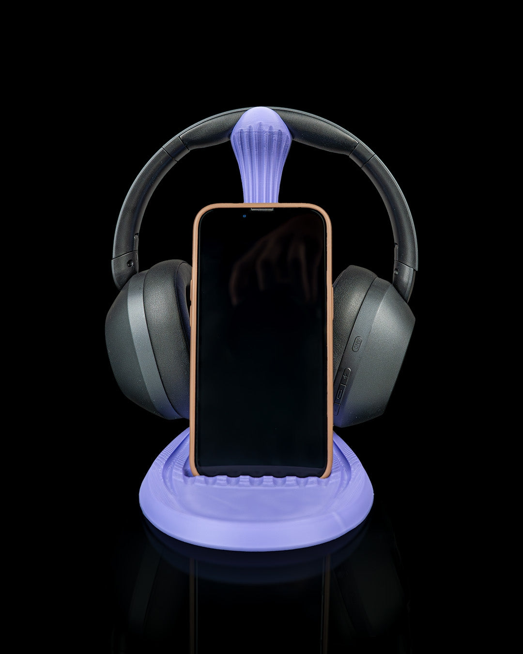 Flow Stand — a 3D-printed headphone and phone holder — front view