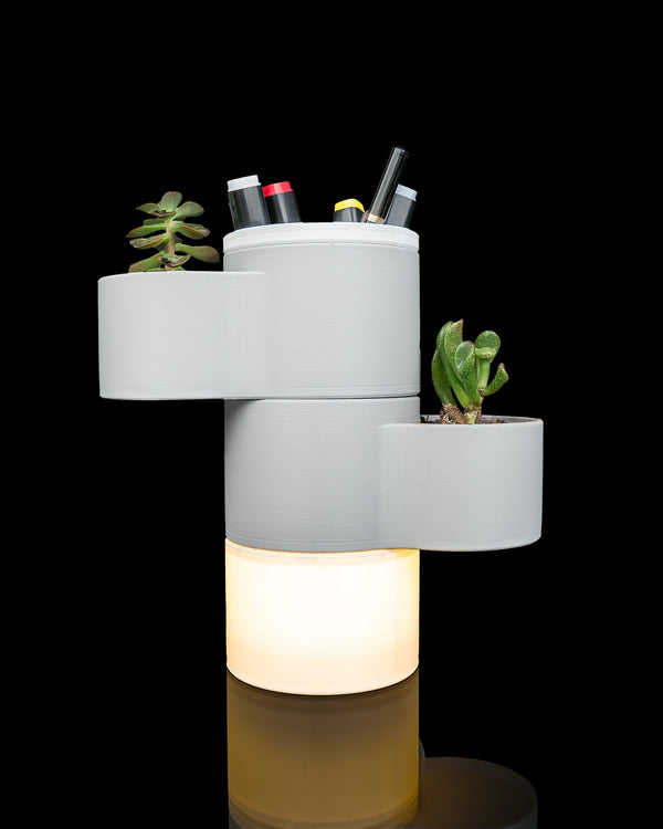 Living Stack — a 3D-printed lamp, planter and organizer — front view