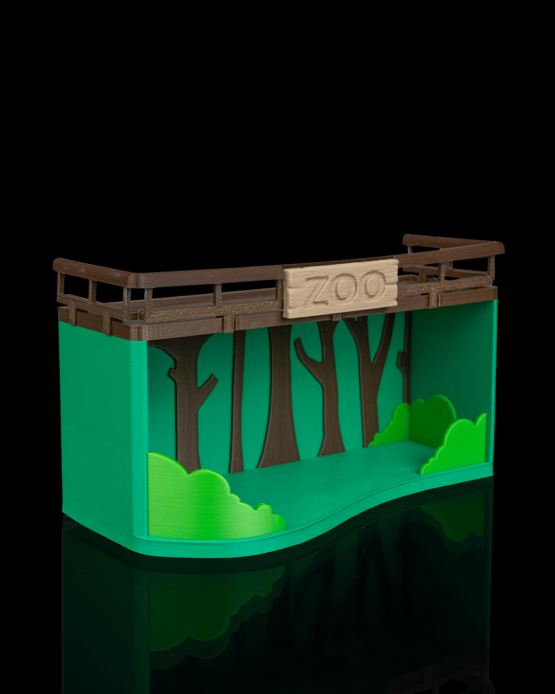 Animal Zoo Anty collection diorama display shelf holding 3D-printed animal figures — close-up detail of the shelf and figures