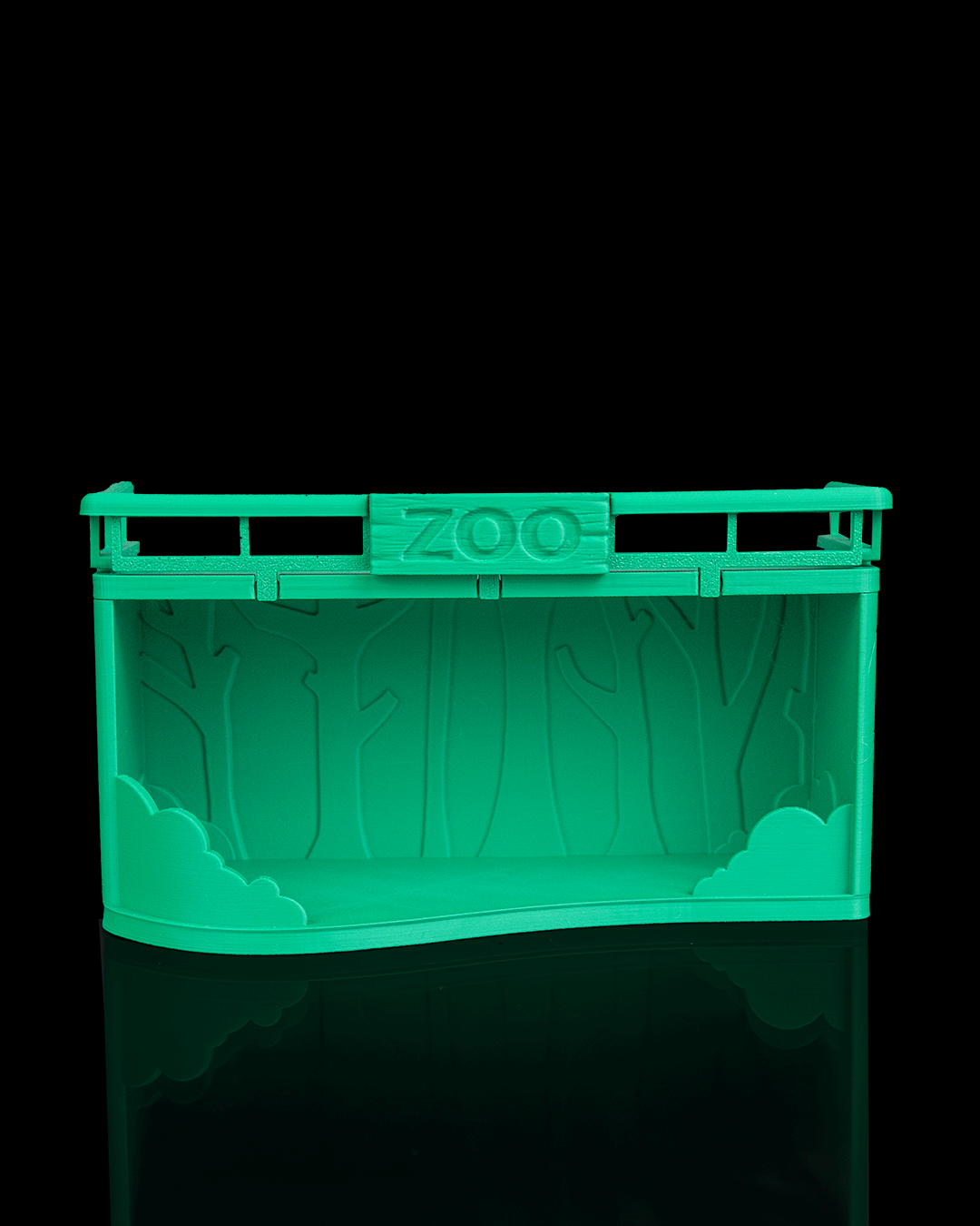 Animal Zoo Anty collection diorama display shelf holding 3D-printed animal figures — three-quarter angle