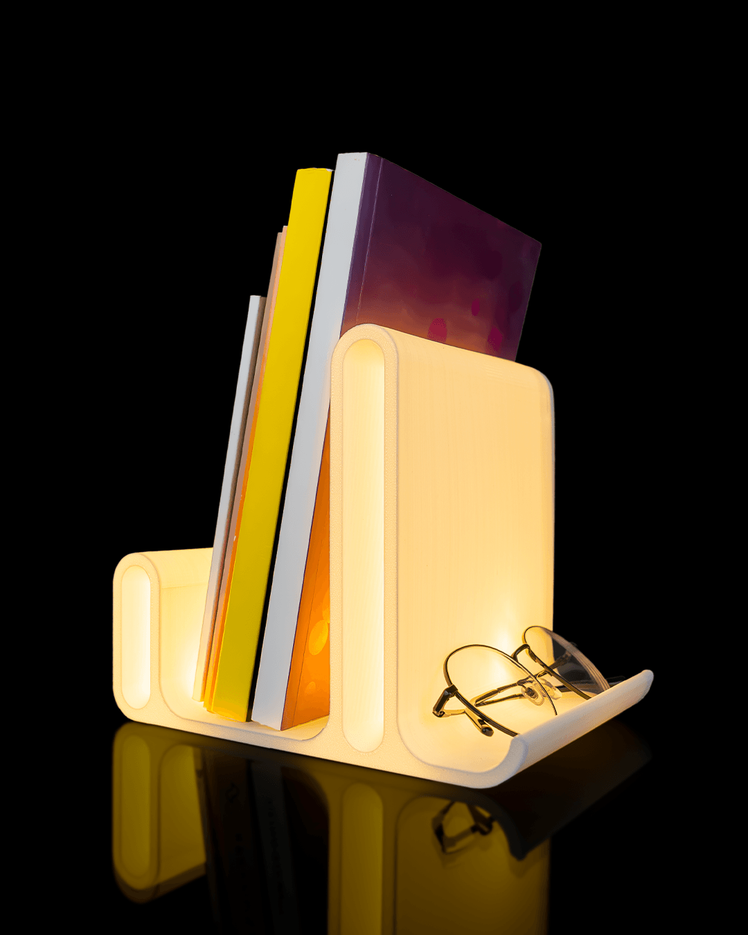 Glow Arc — a softly lit 3D-printed book and glasses holder — side profile