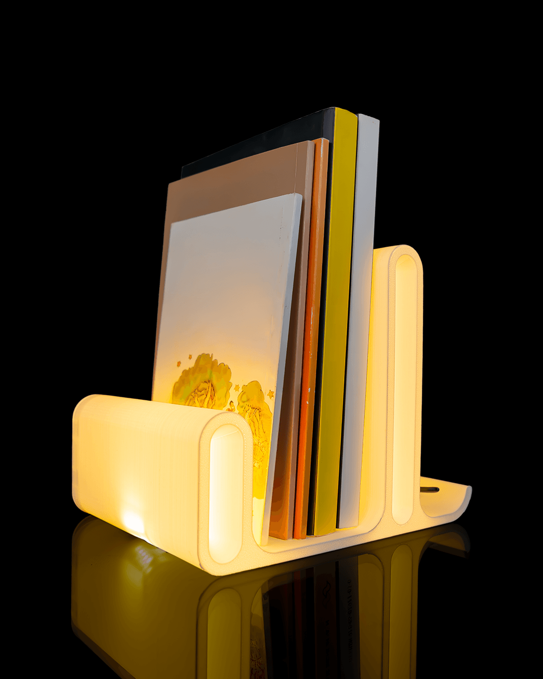 Glow Arc — a softly lit 3D-printed book and glasses holder — close-up detail