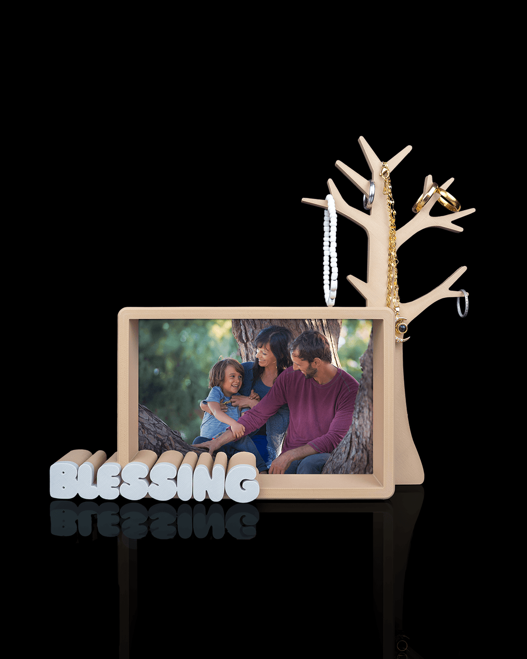 Keepsake Tree — a 3D-printed photo frame and jewelry stand — front view