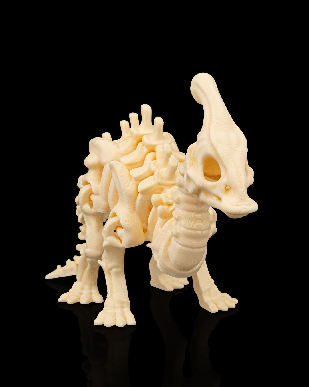 Articulated 3D-printed Parasaurolophus dinosaur skeleton — poseable desk figurine (view 1)