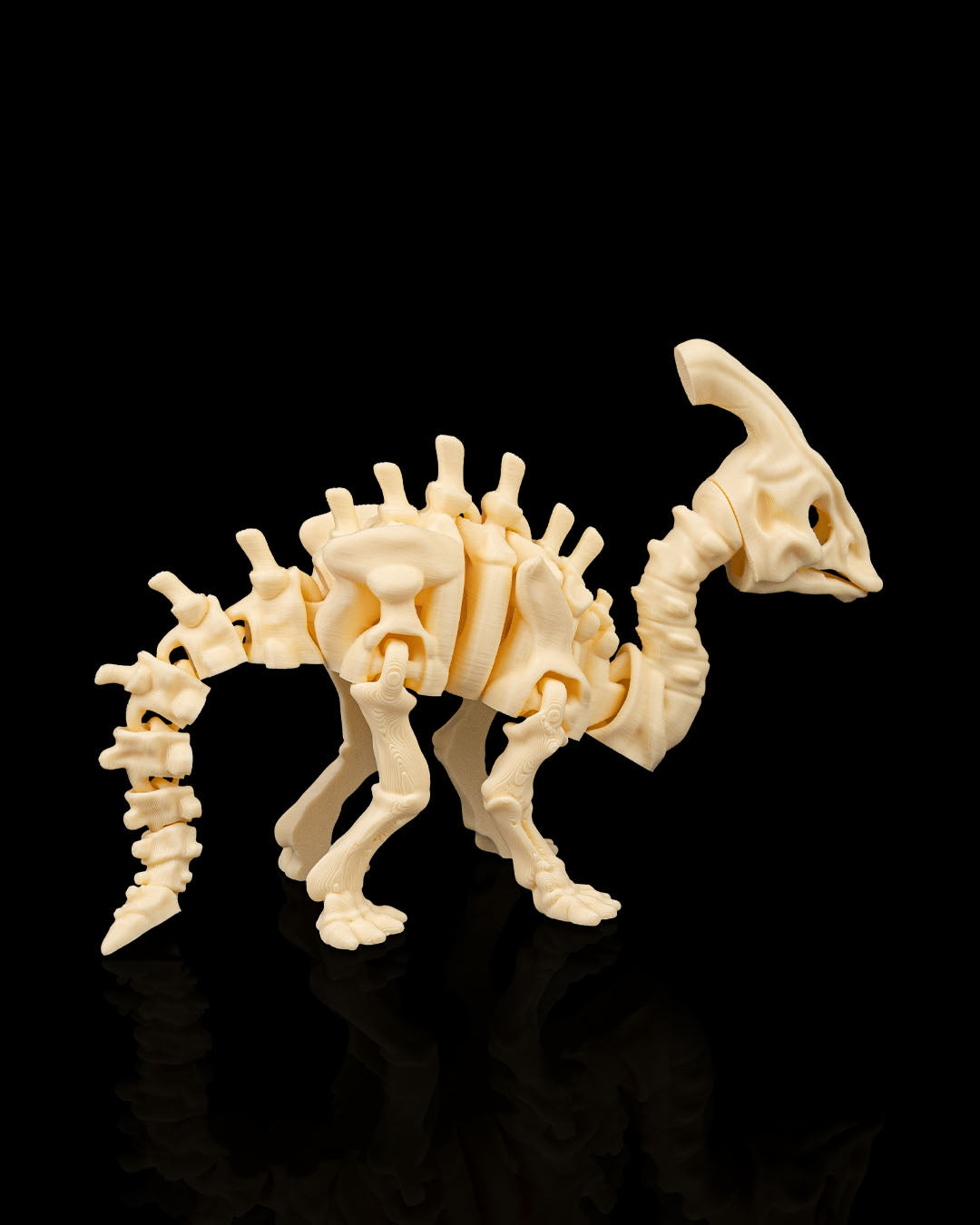 Articulated 3D-printed Parasaurolophus dinosaur skeleton — poseable desk figurine (view 2)