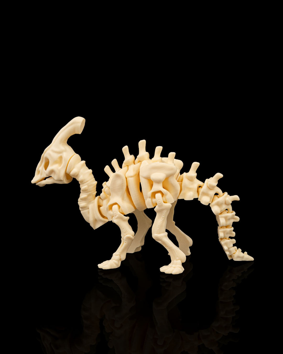 Articulated 3D-printed Parasaurolophus dinosaur skeleton — poseable desk figurine (view 4)