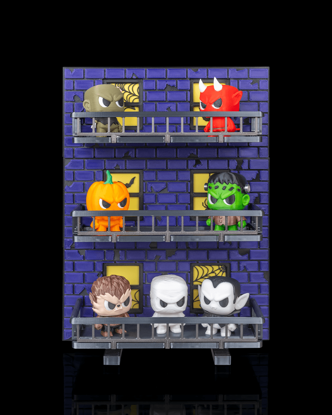 Spooky Escape Anty diorama display shelf holding 3D-printed Halloween figures — front view
