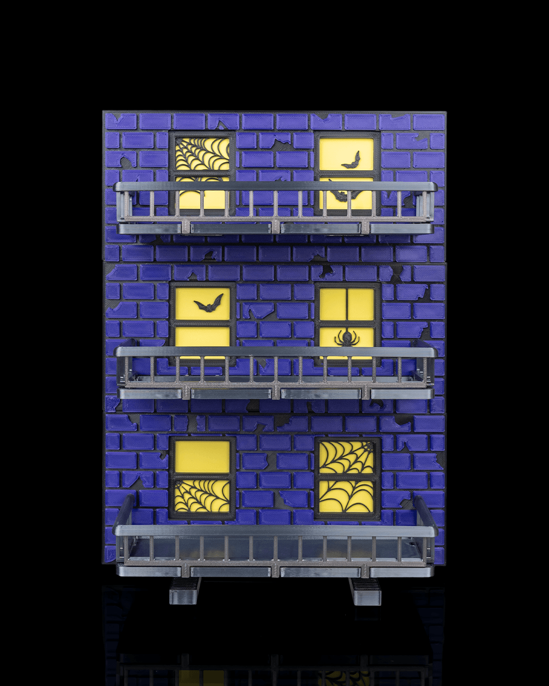 Spooky Escape Anty diorama display shelf holding 3D-printed Halloween figures — side profile