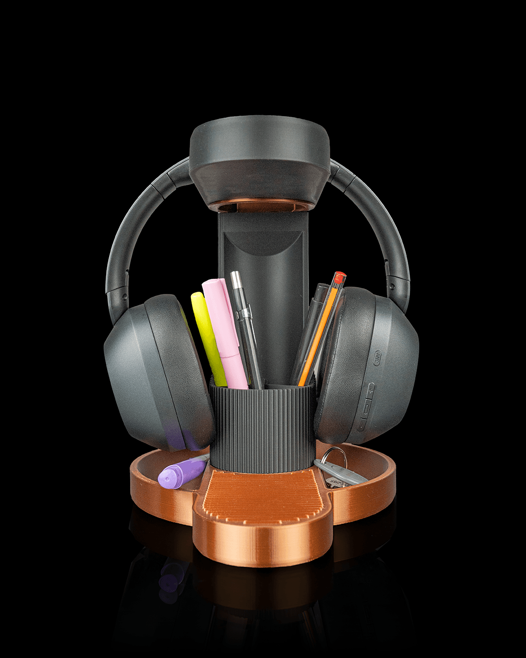 Tower Trio — a 3D-printed headphone and phone holder — front view