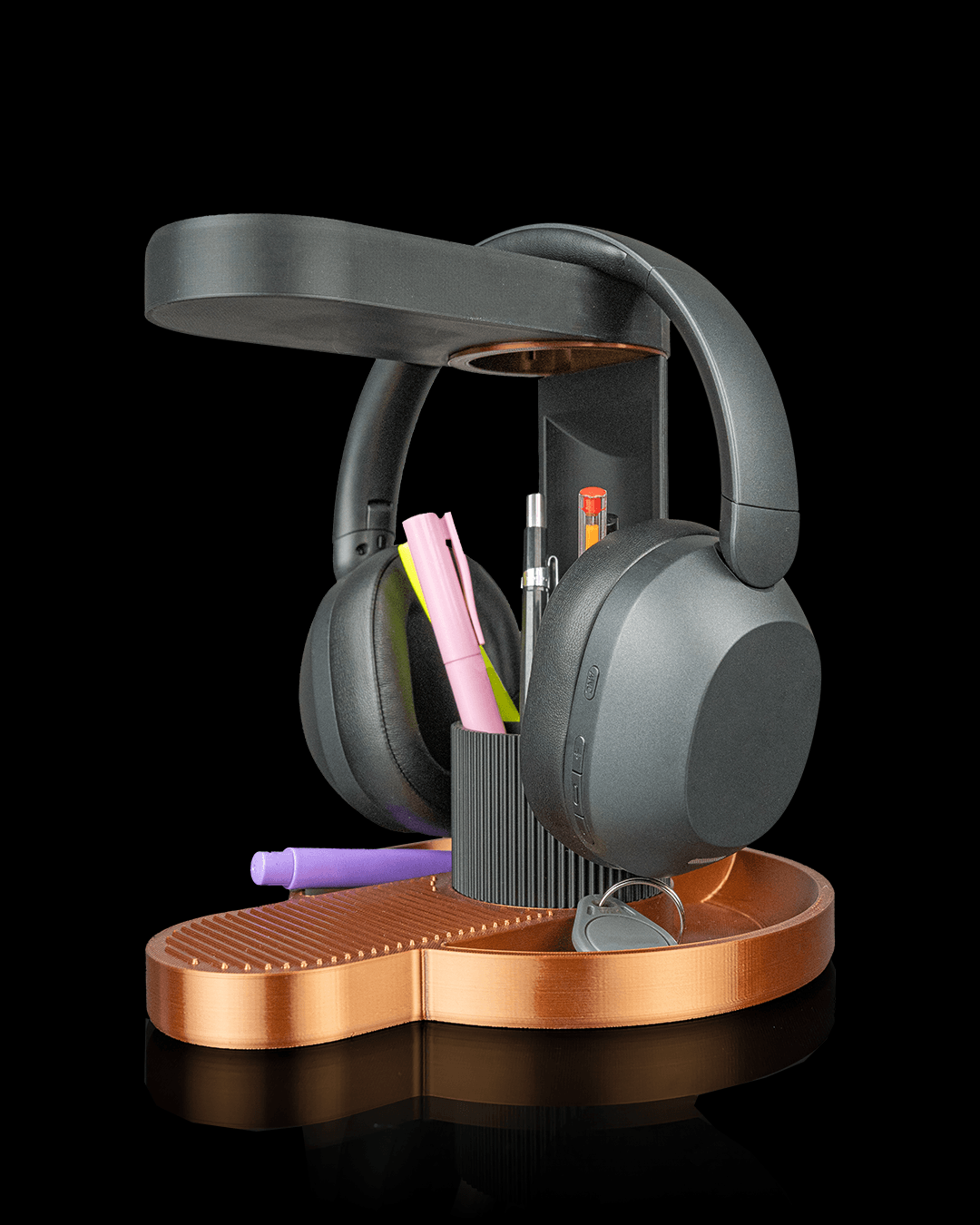 Tower Trio — a 3D-printed headphone and phone holder — close-up detail