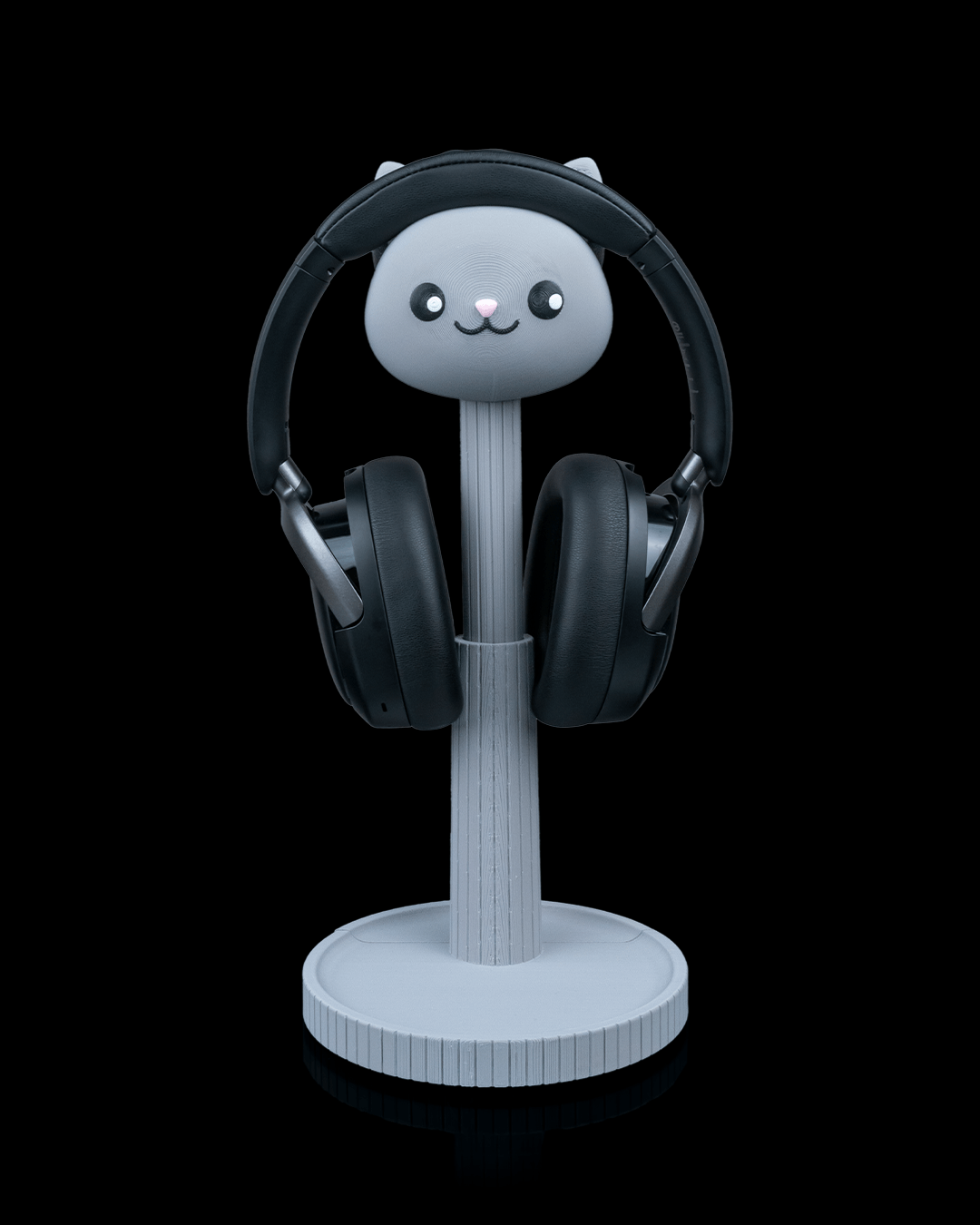 Whiskers — a cat-shaped 3D-printed headphone stand — front view