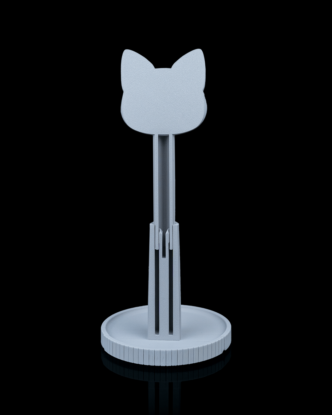 Whiskers — a cat-shaped 3D-printed headphone stand — three-quarter angle