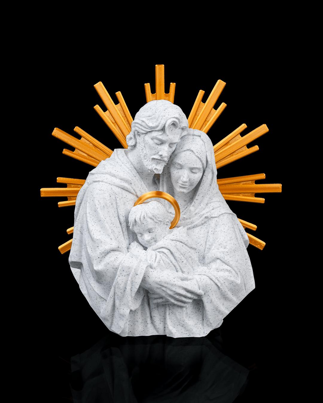 Holy Family Sculpture with Gold Sunburst Halo, Stone-Inspired White Finish