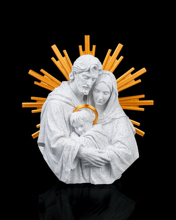Holy Family Sculpture with Gold Sunburst Halo, Stone-Inspired White Finish