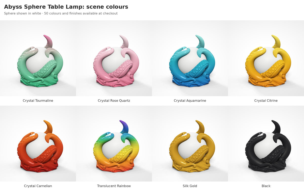 Abyss Sphere Table Lamp — eight scene colours with a white sphere: Crystal Tourmaline, Rose Quartz, Aquamarine, Citrine, Carnelian, Translucent Rainbow, Silk Gold and Black
