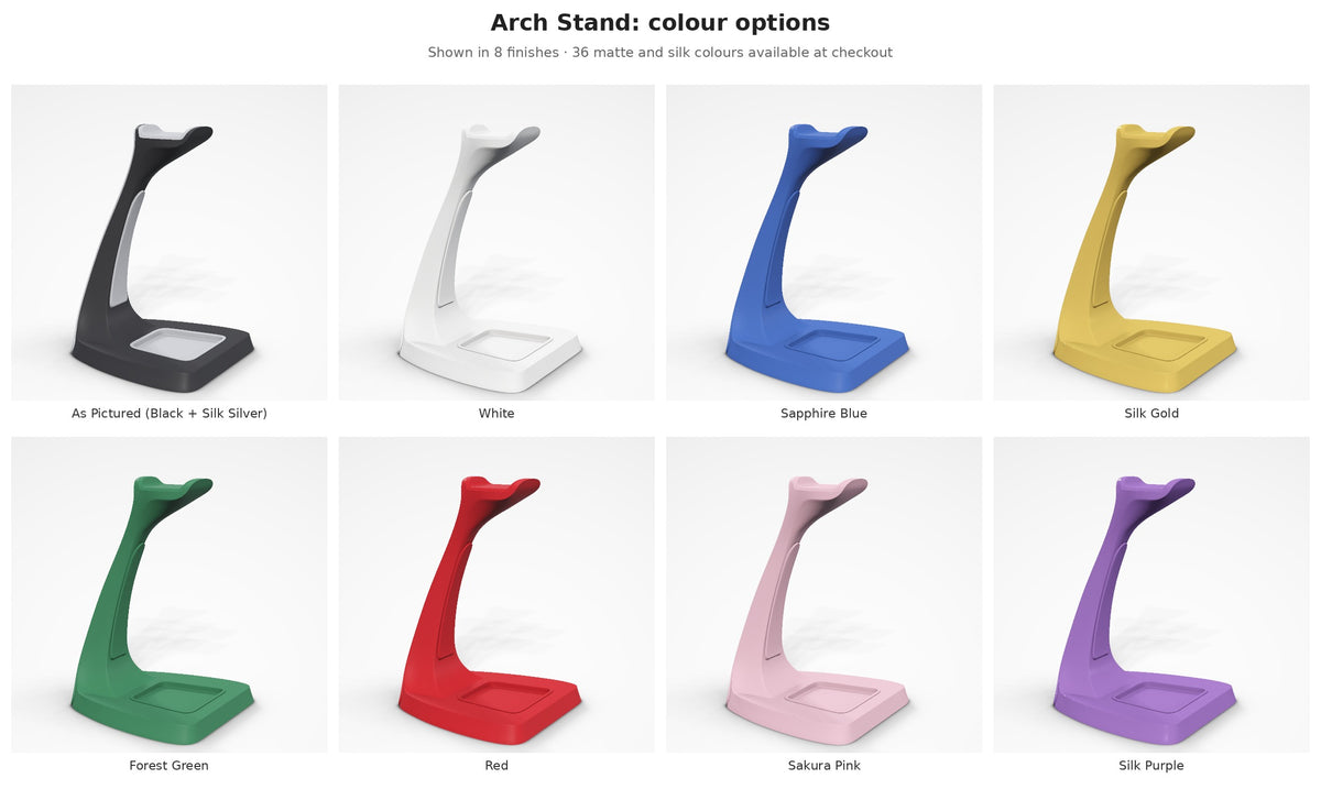 Arch Stand — colour options: the stand shown in eight store colours