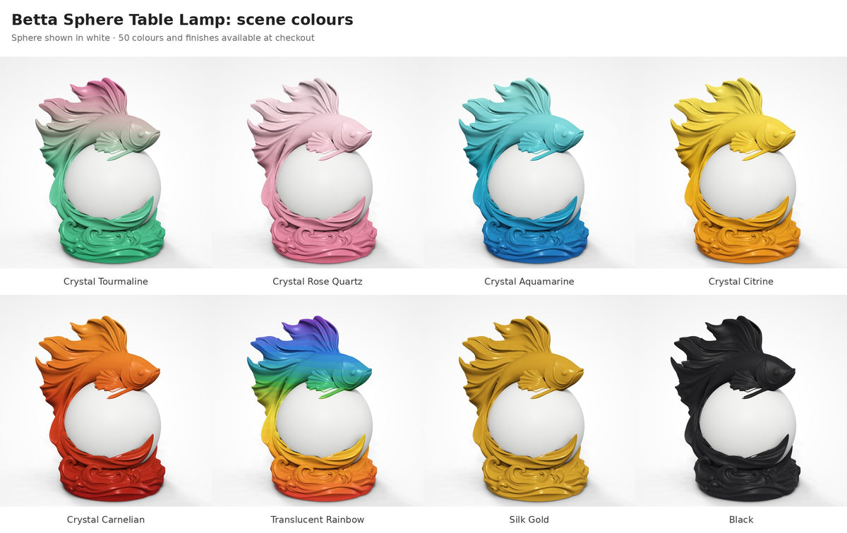 Betta Sphere Table Lamp — betta fish shown in eight colours and finishes with the sphere in white