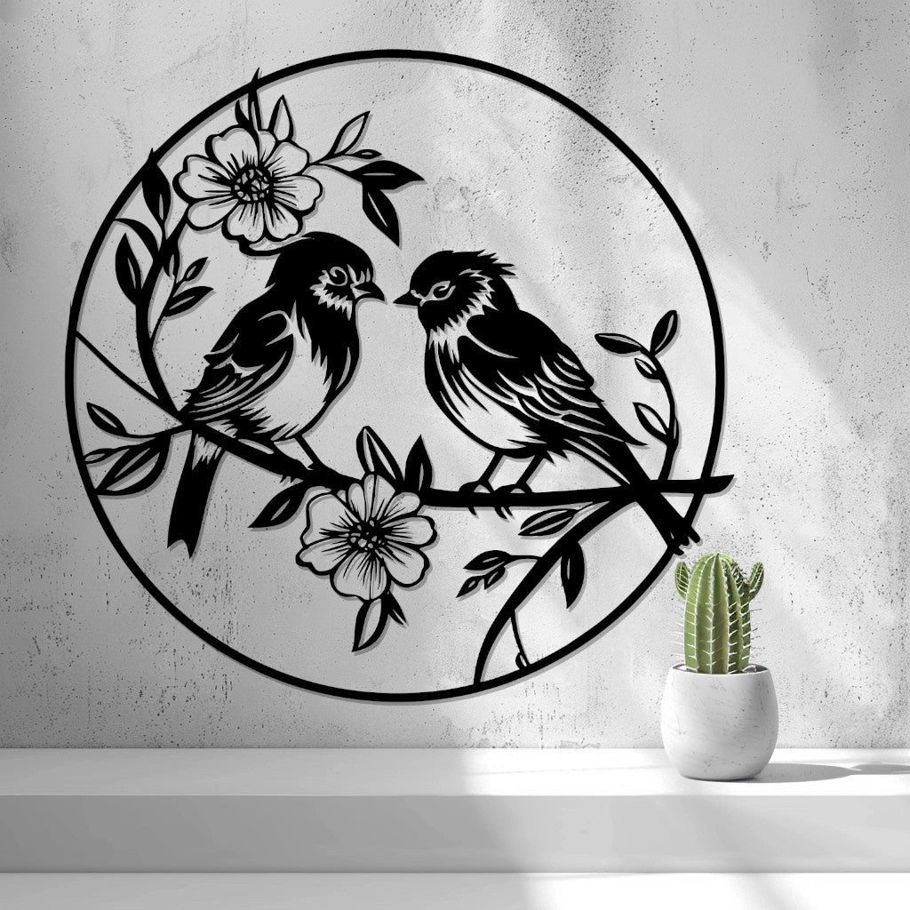 Birds with Flowers Wall Art — shown in black on a wall