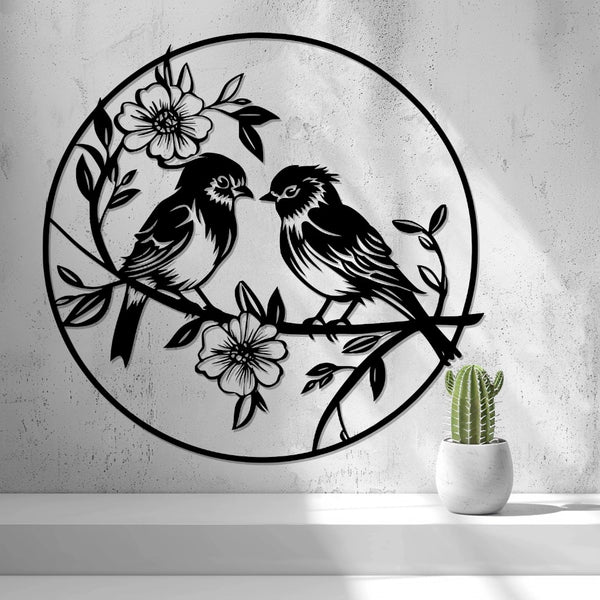 Birds with Flowers Wall Art — shown in black on a wall