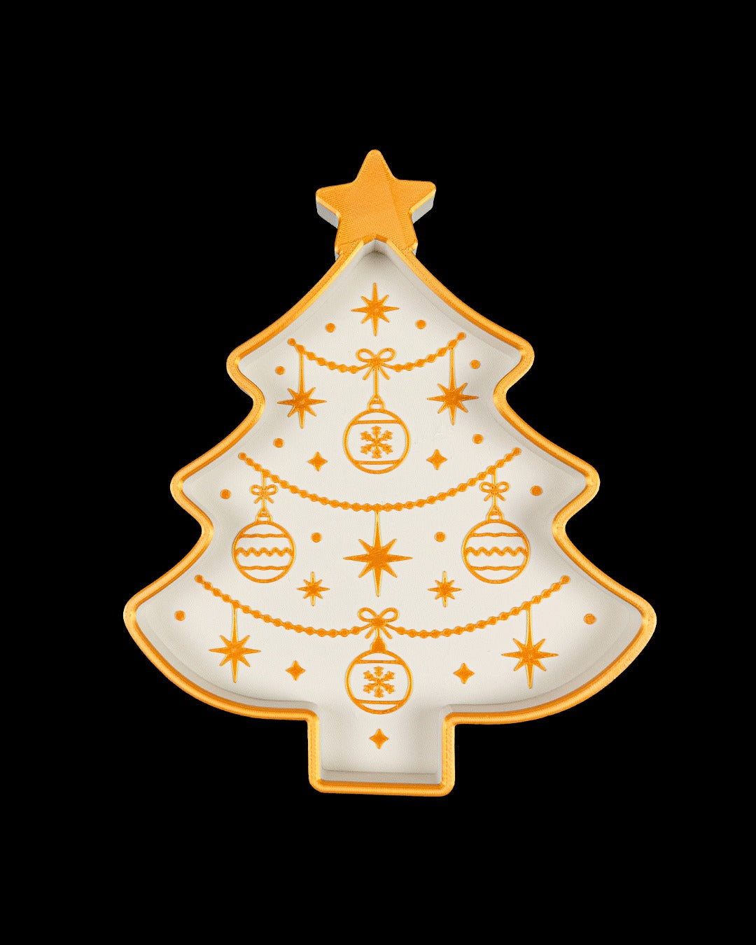 Christmas Tree Tray — white and gold tray, top view