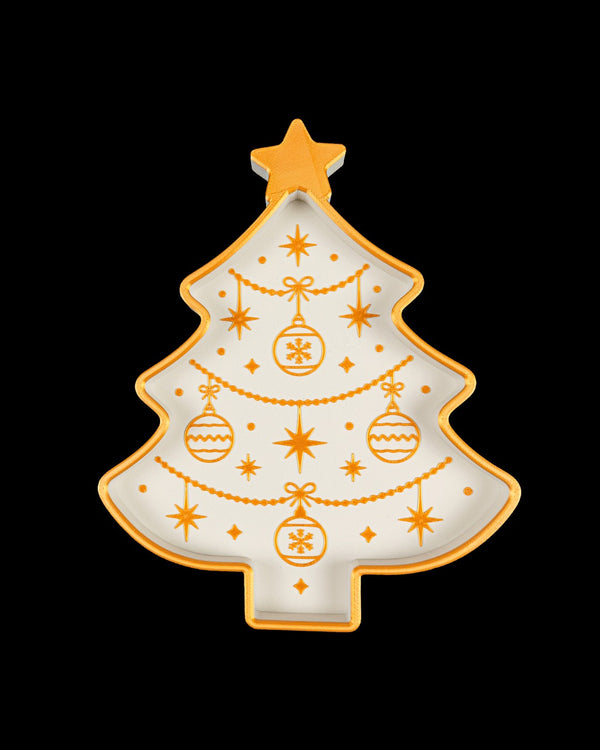 Christmas Tree Tray — white and gold tray, top view