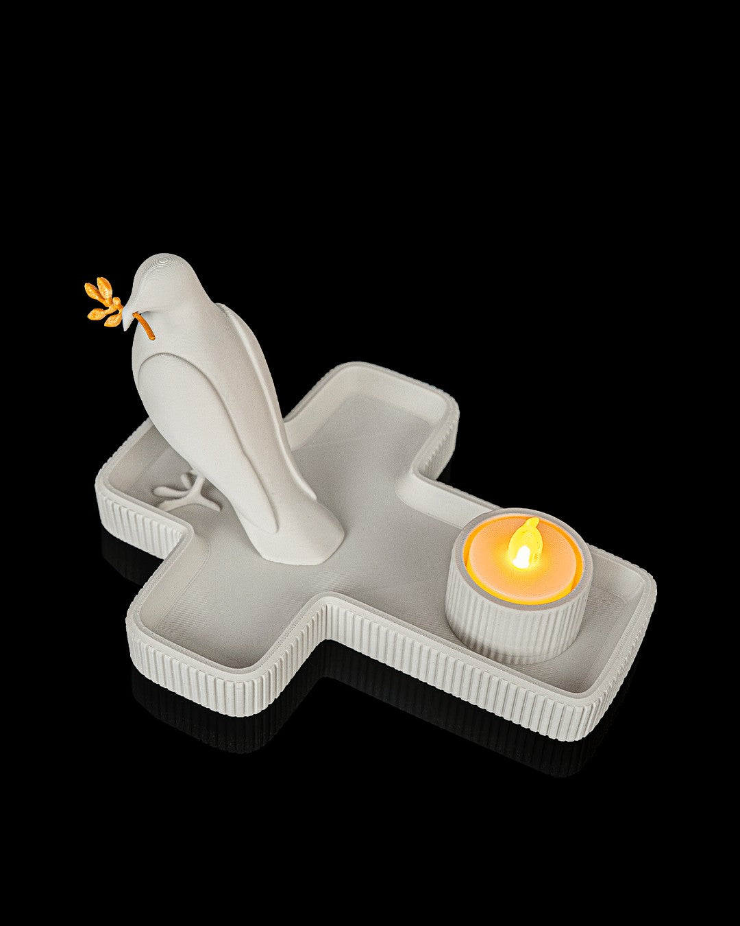 Cross Tray and Candle Holder — styled with a dove statue (sold separately)