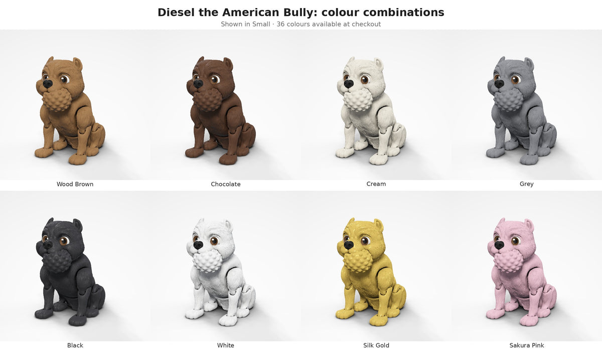 Diesel the American Bully — colour combinations grid