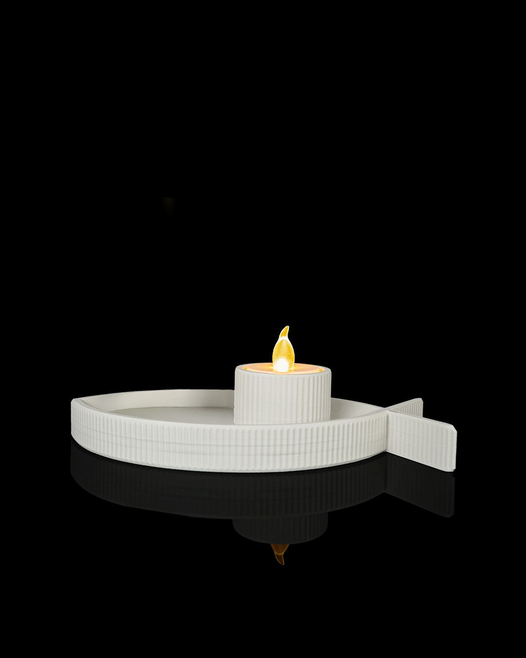 Fish Tray and Candle Holder — ribbed tray with a lit LED tealight
