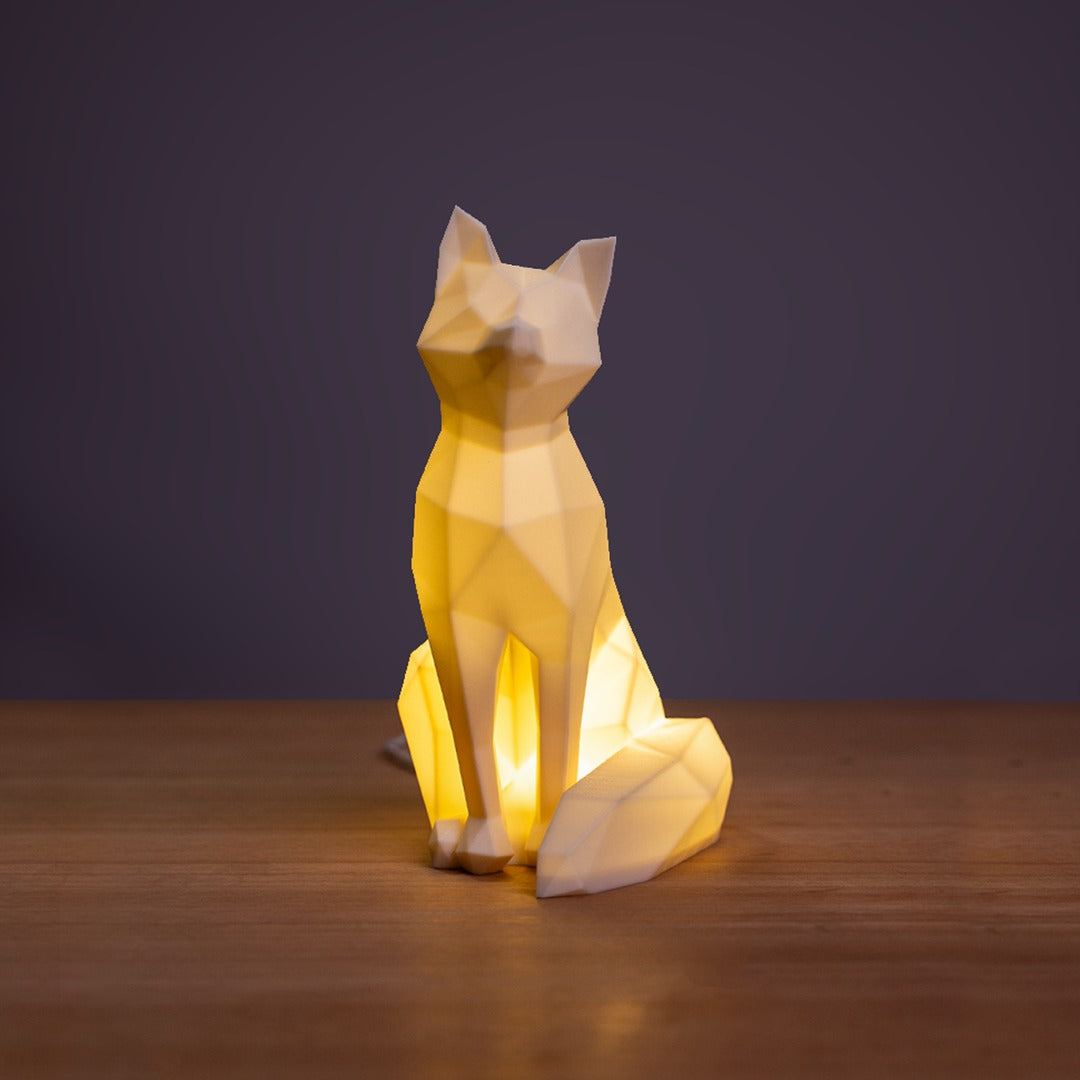 Geometric Fox LED Lamp — glowing warm white from inside, front view