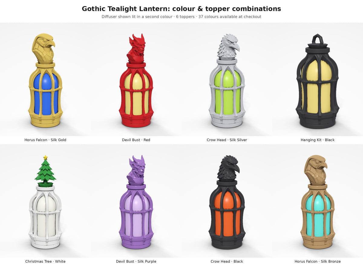 Gothic Tealight Lantern — colour grid: eight colour and topper combinations with lit diffusers