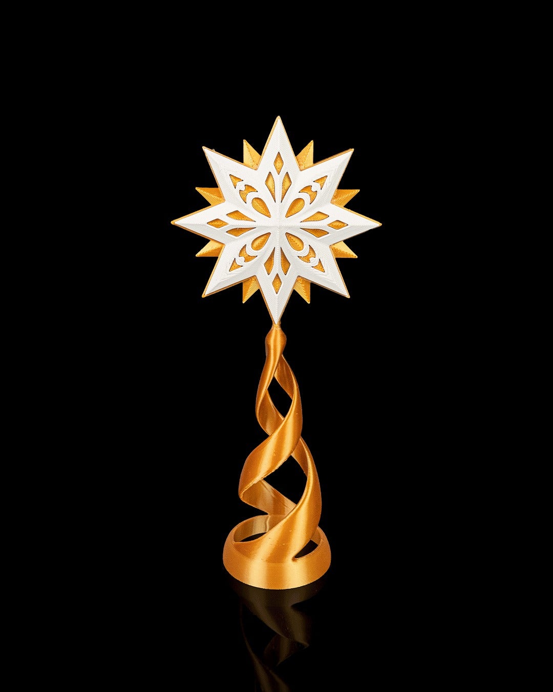 Guiding Star Tree Topper — white and gold star on a gold spiral stand