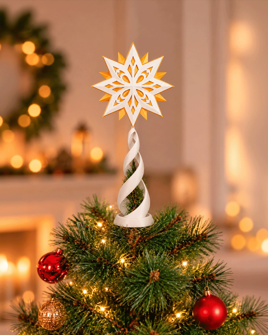 Guiding Star Tree Topper — white spiral stand on a lit Christmas tree