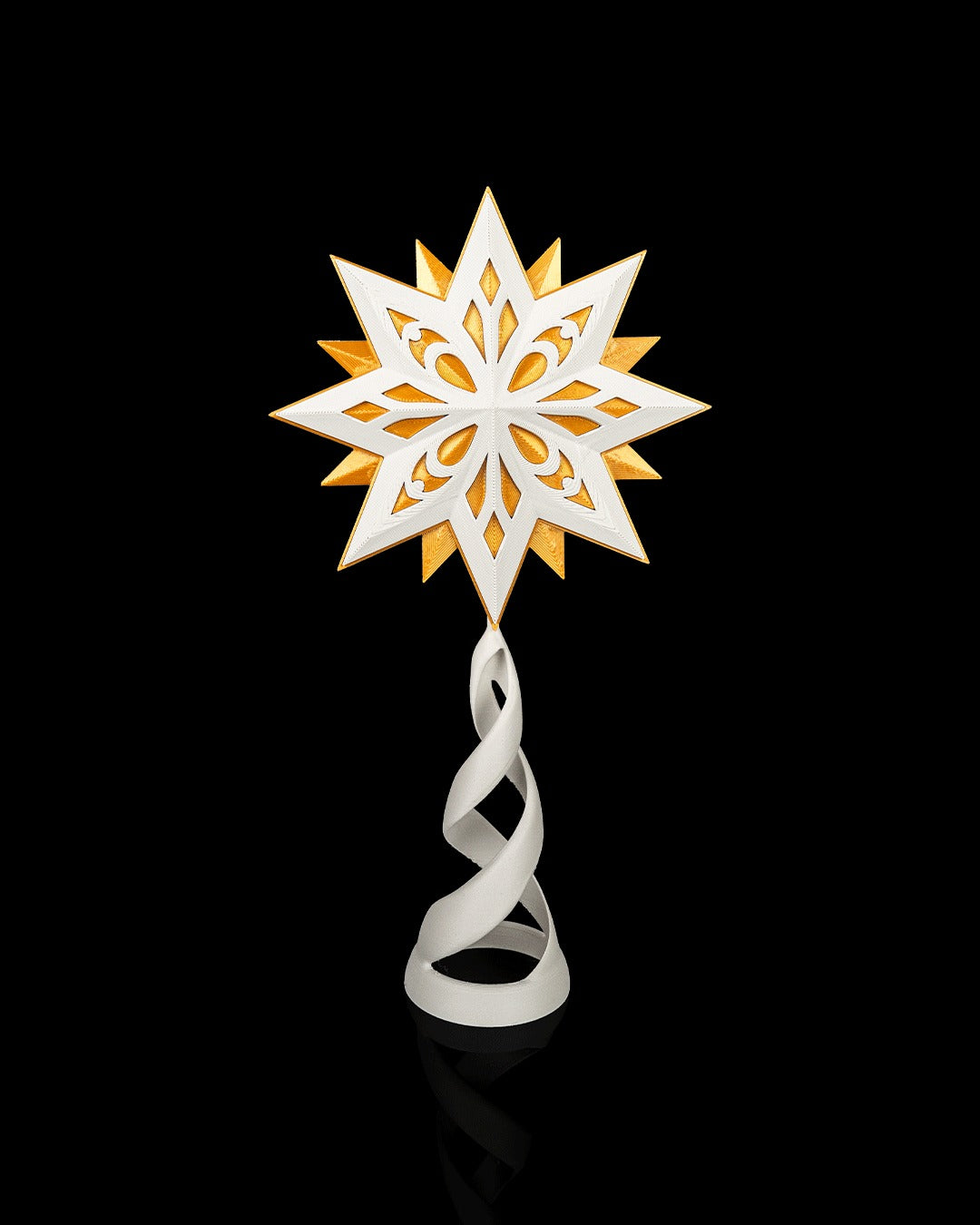 Guiding Star Tree Topper — white and gold star on a white spiral stand
