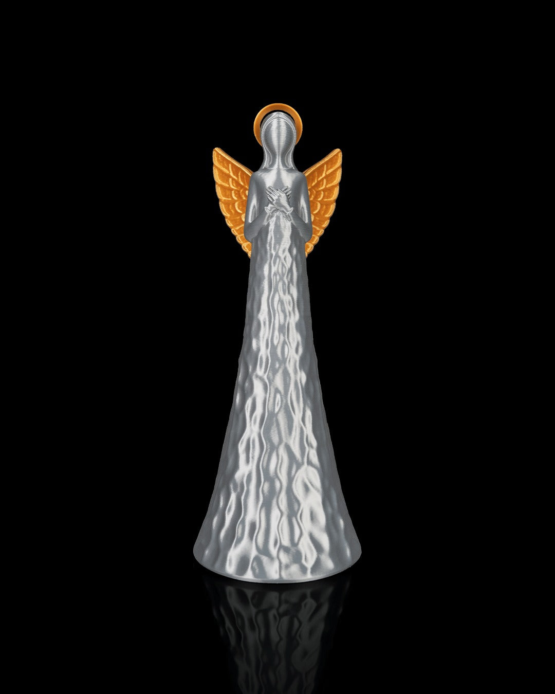 Heavenly Trio — textured angel with gold wings and halo, front view