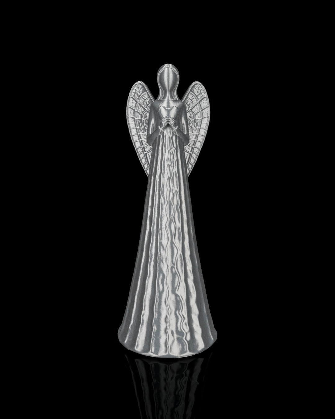 Heavenly Trio — all-silver angel with feathered wings