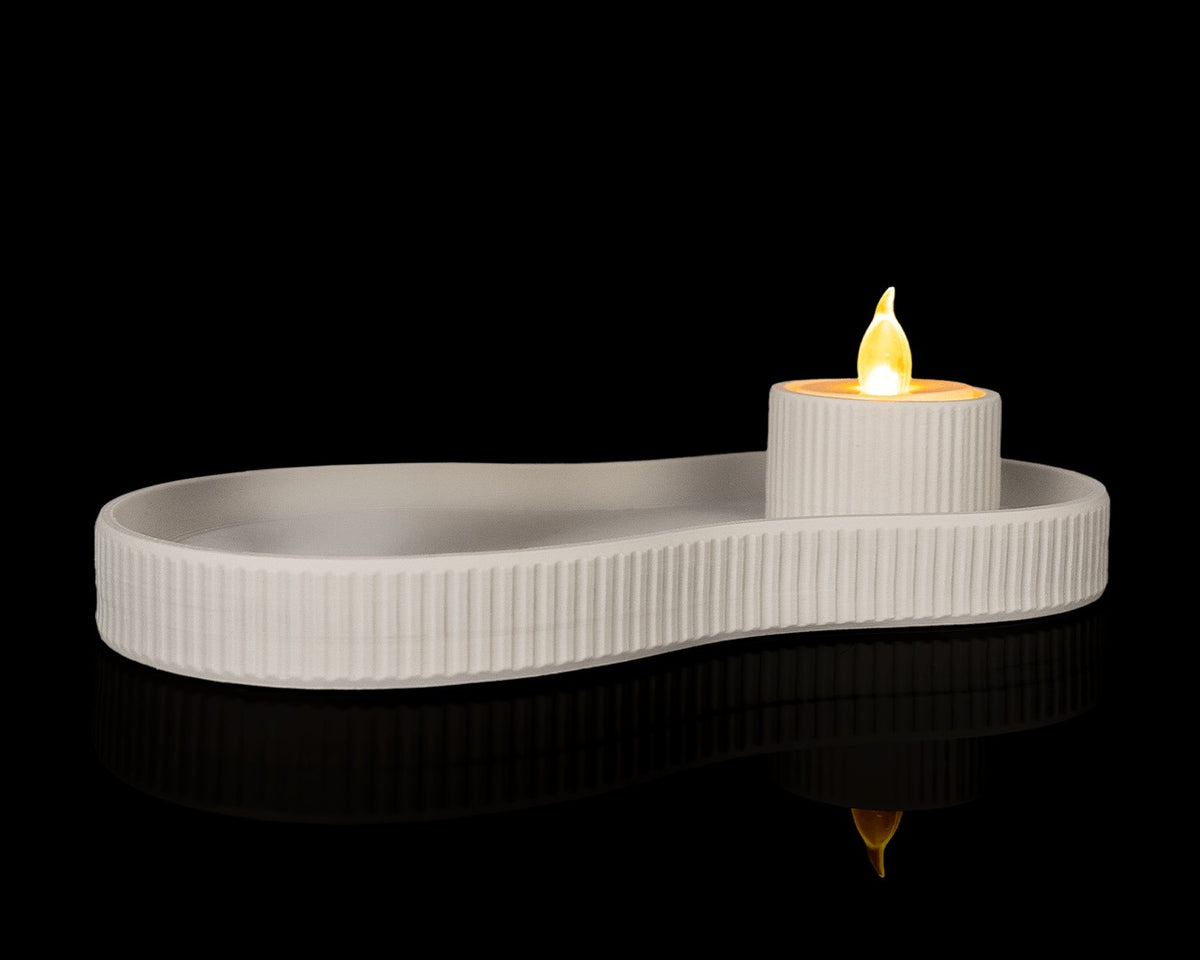 Kidney Tray and Candle Holder — ribbed tray with a lit LED tealight