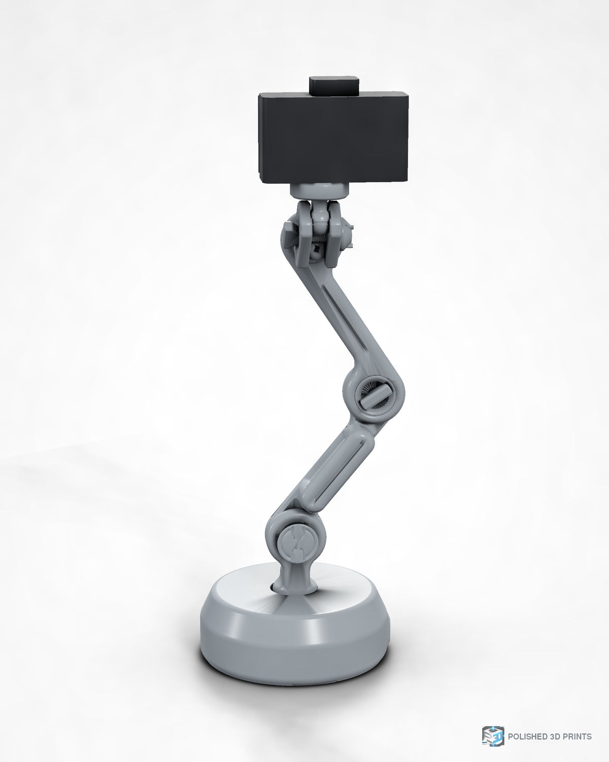Link-A-Link Camera Arm Kit, assembled on its weighted base holding a camera – rear view