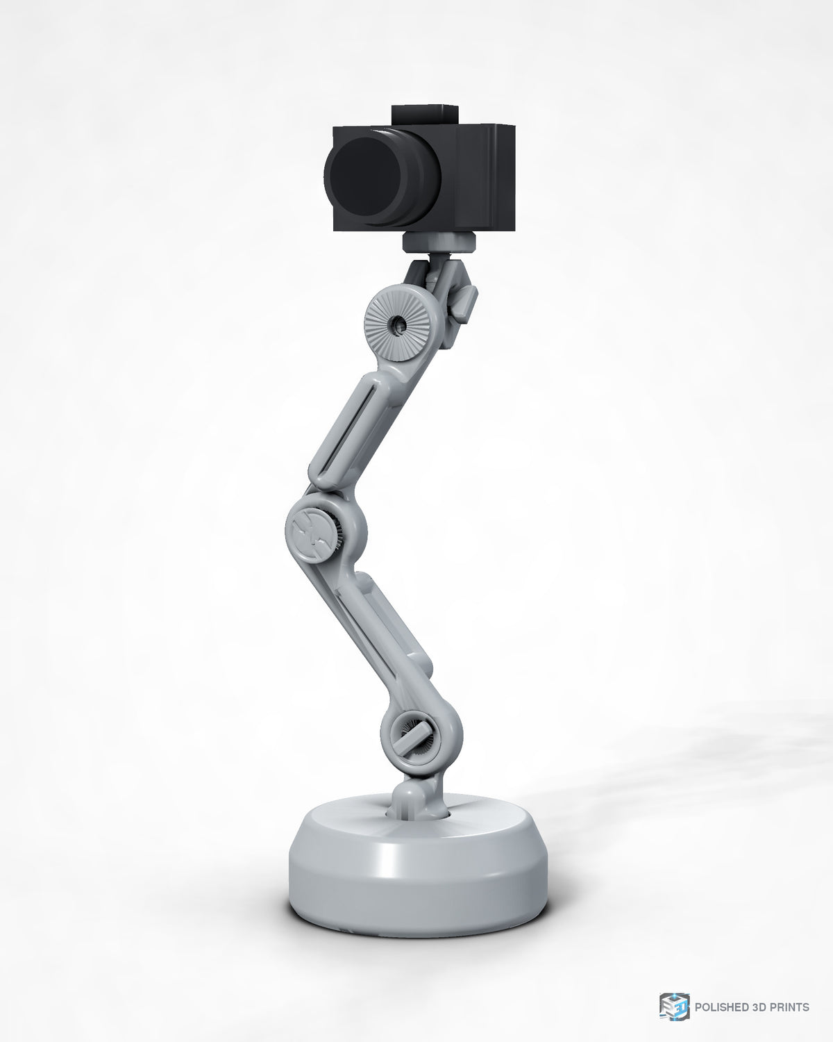 Link-A-Link Camera Arm Kit, assembled on its weighted base holding a camera – front view