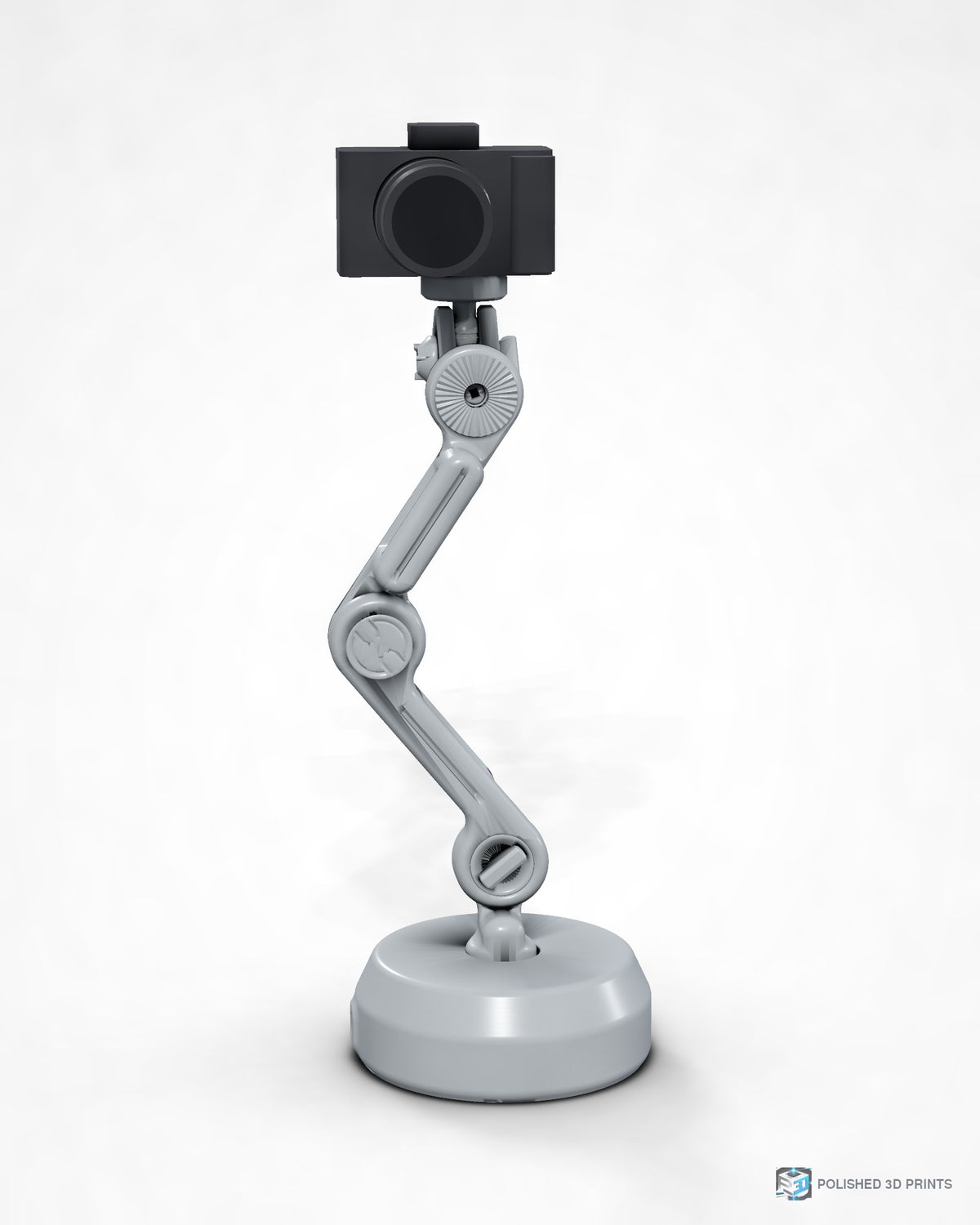 Link-A-Link Camera Arm Kit, assembled on its weighted base holding a camera – three-quarter view