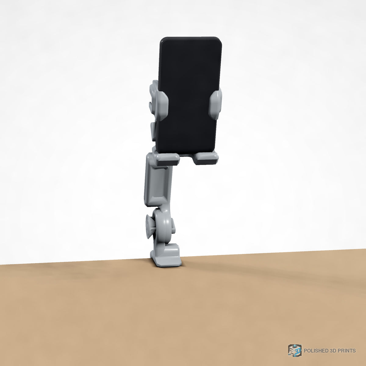 Link-A-Link Desk Phone Arm Kit, assembled on a desk with a phone mounted – front view