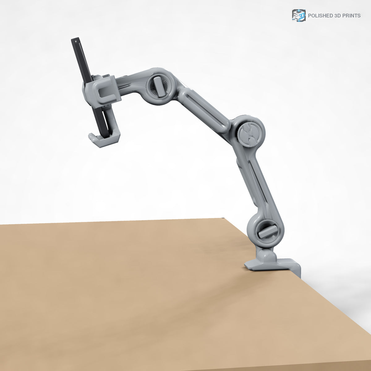 Link-A-Link Desk Phone Arm Kit, assembled on a desk with a phone mounted – side profile