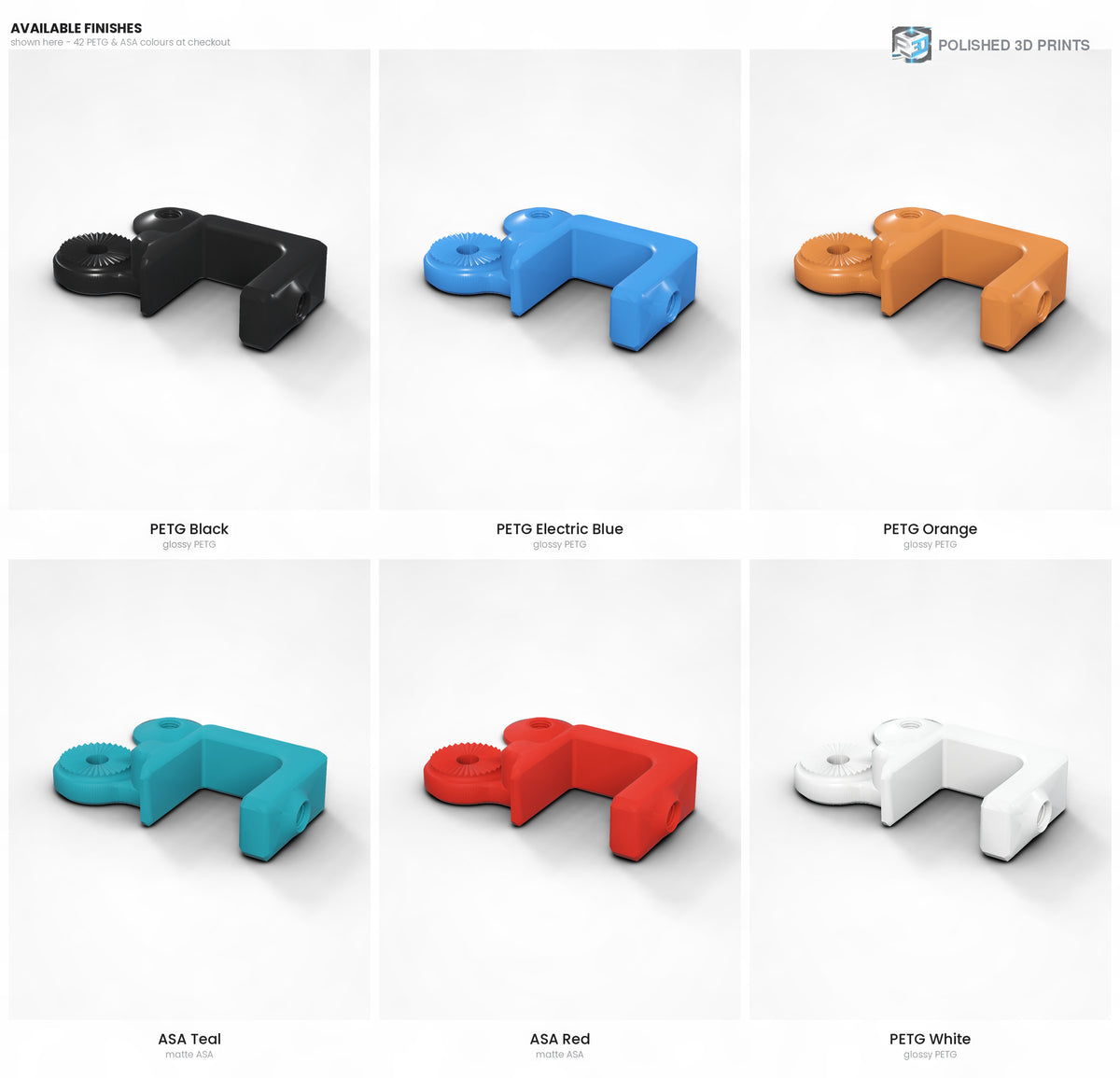 Link-A-Link Fixed C-Clamp Mount – six of the PETG and ASA colours available