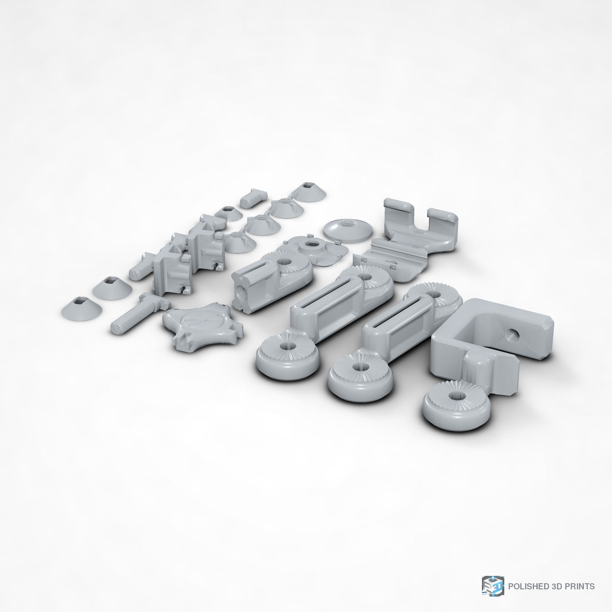 Link-A-Link Desk Phone Arm Kit – all printed parts laid out, three-quarter view