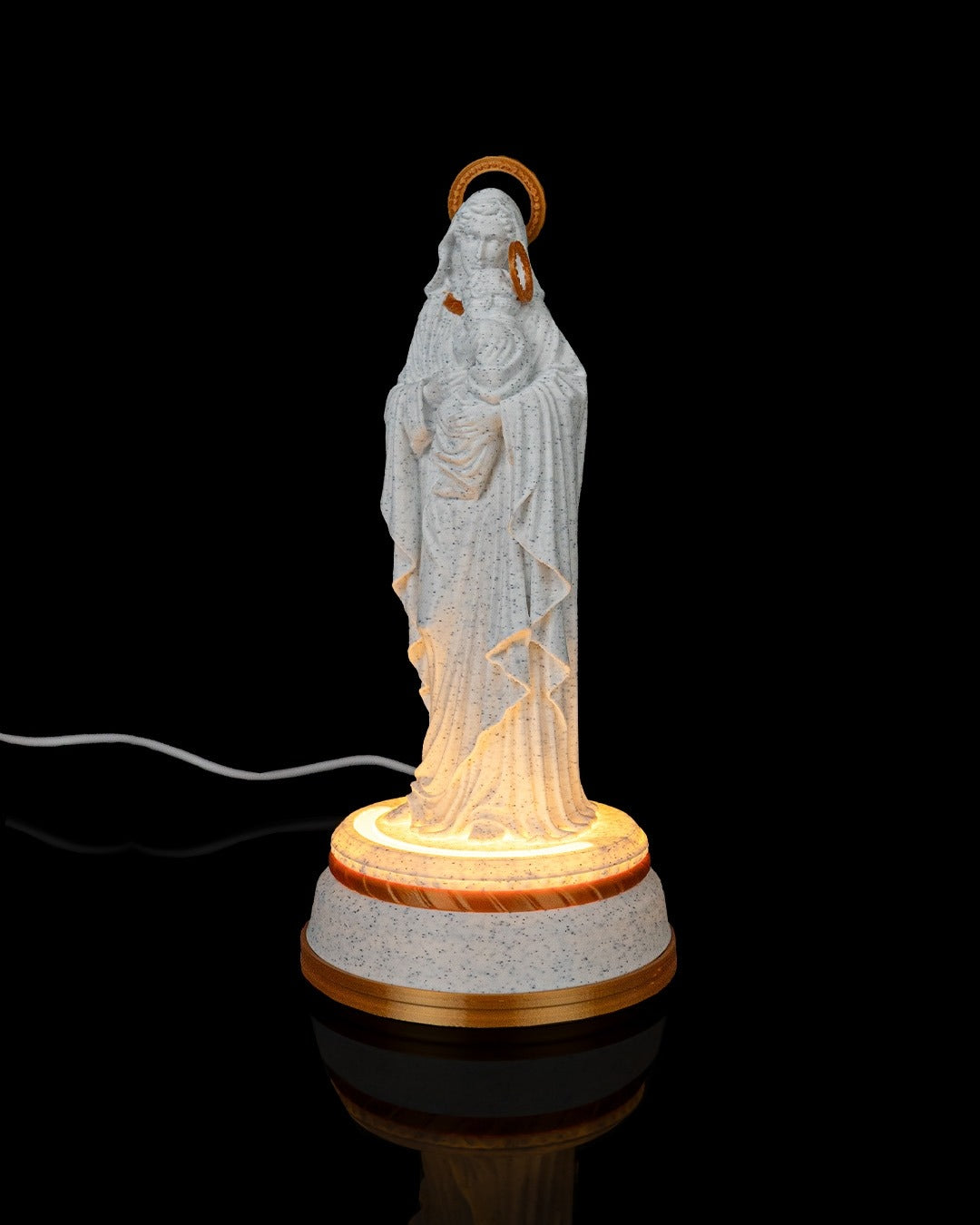 Mary and Jesus Statue — 160 mm statue glowing, angled view