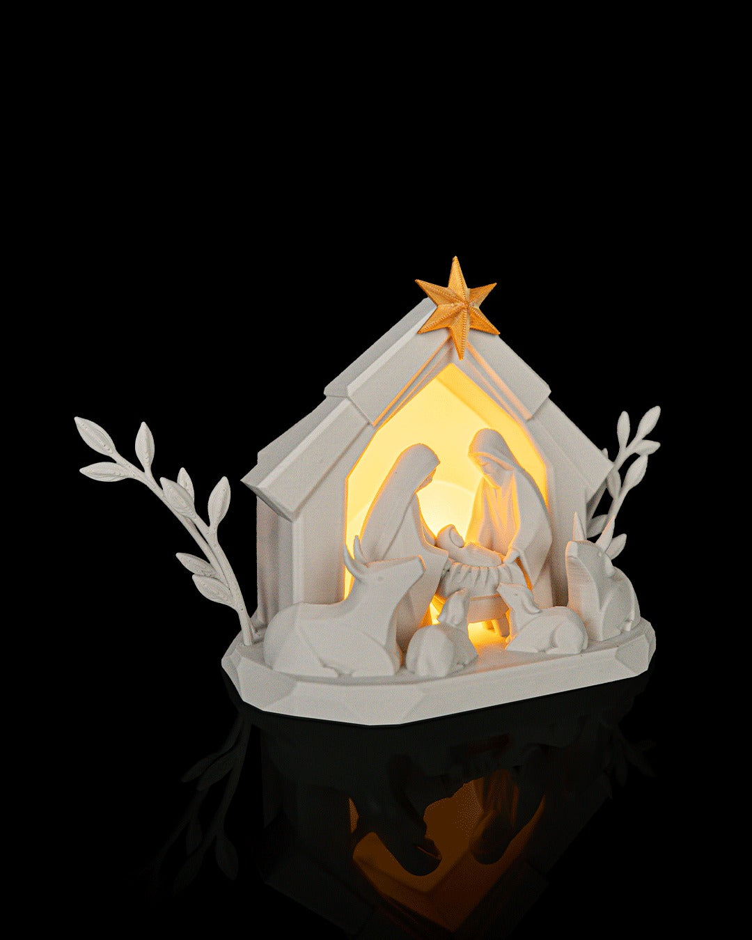 Nativity Scene Table Lamp — lit, three-quarter view